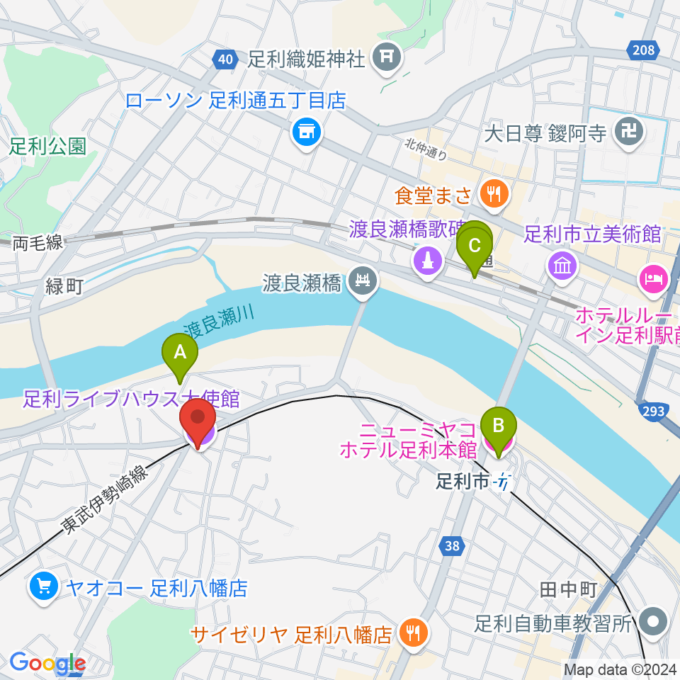 足利ライブハウス大使館周辺のホテル一覧地図