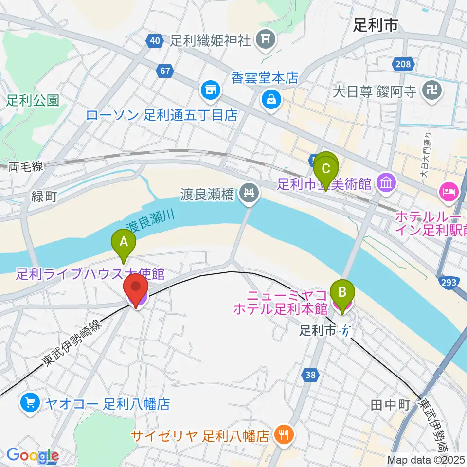 足利ライブハウス大使館周辺のホテル一覧地図