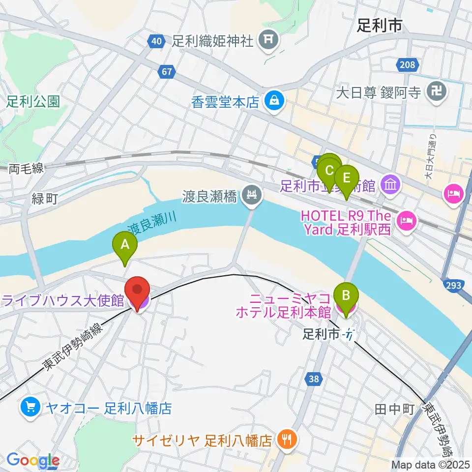 足利ライブハウス大使館周辺のホテル一覧地図