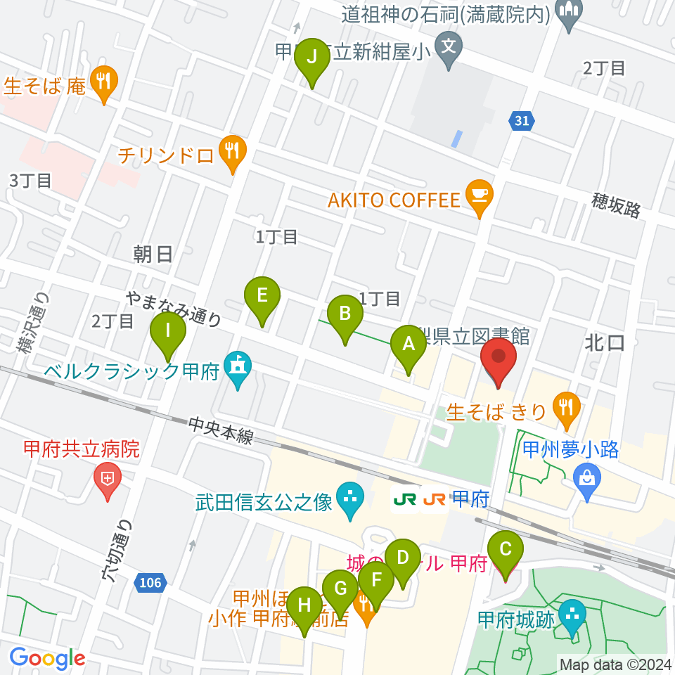 山梨県立図書館周辺のホテル一覧地図