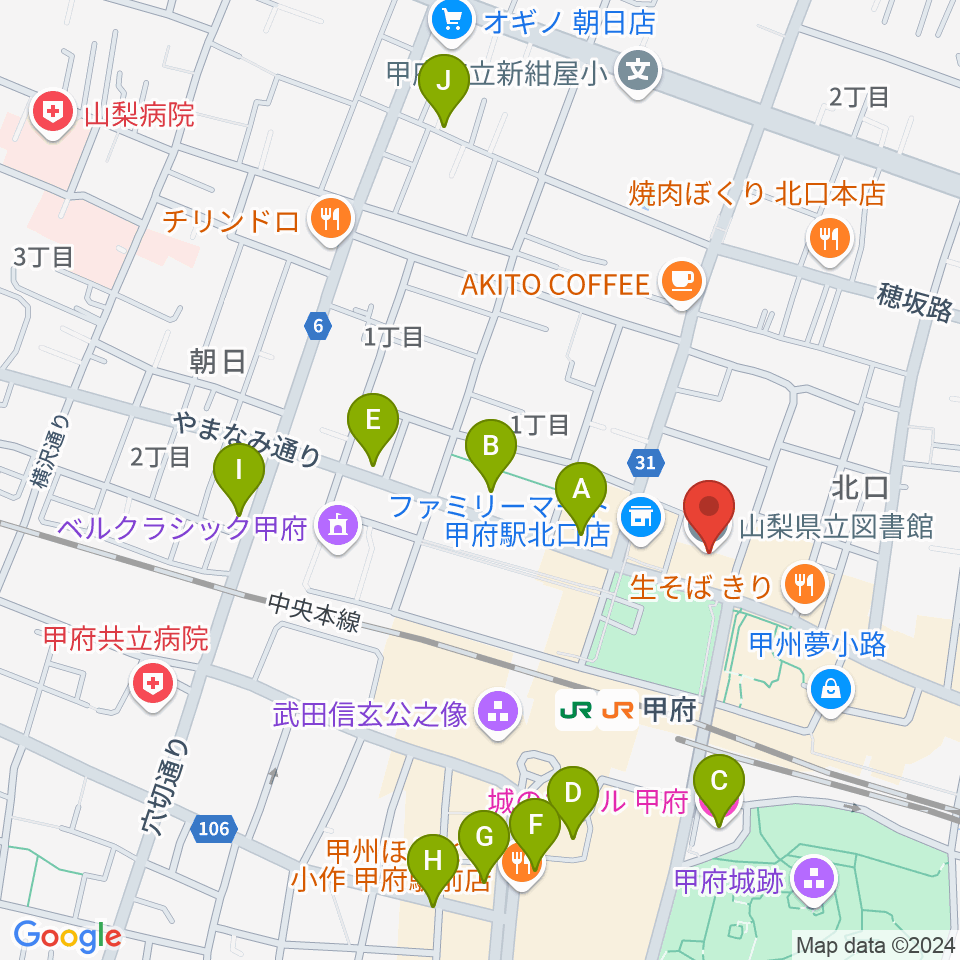 山梨県立図書館周辺のホテル一覧地図