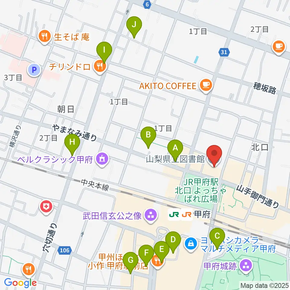 山梨県立図書館周辺のホテル一覧地図