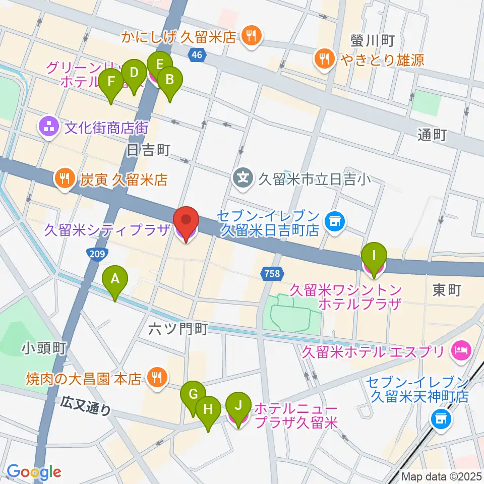 久留米シティプラザ周辺のホテル一覧地図