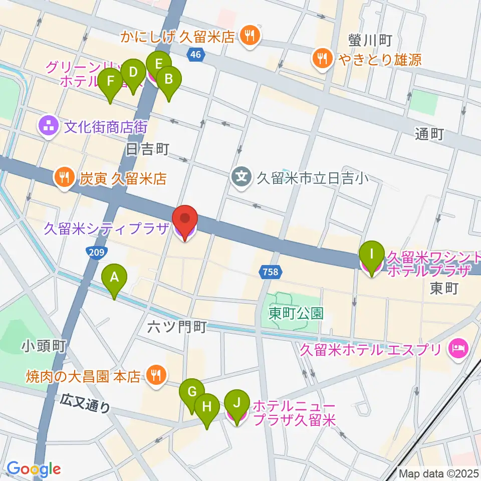久留米シティプラザ周辺のホテル一覧地図