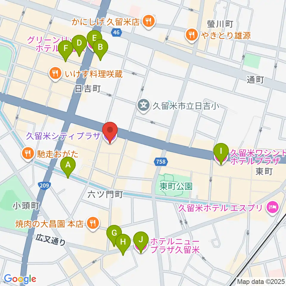 久留米シティプラザ周辺のホテル一覧地図