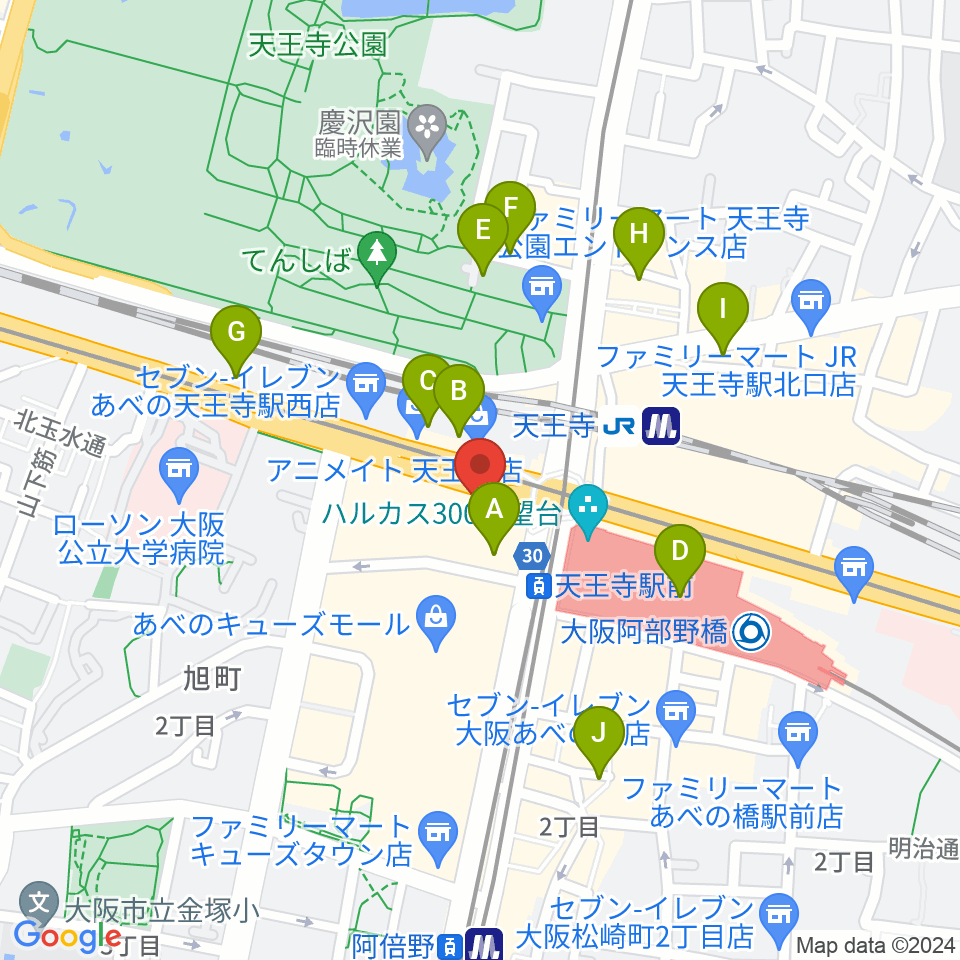 ワタナベ楽器店 アベノミュージックセンター周辺のホテル一覧地図