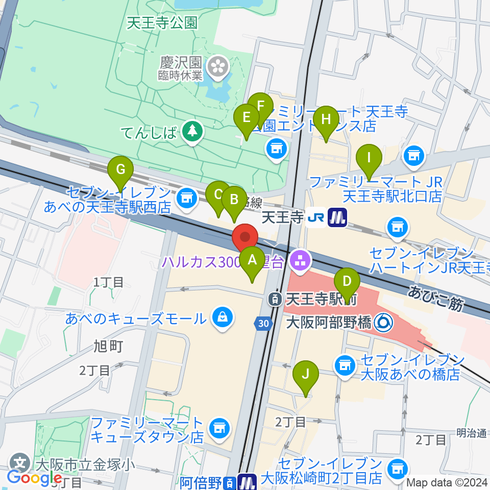 ワタナベ楽器店 アベノミュージックセンター周辺のホテル一覧地図