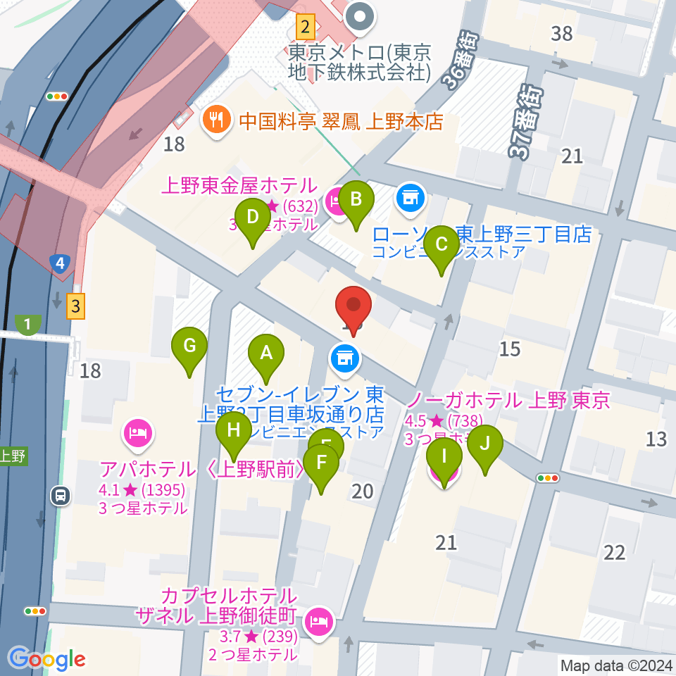 上野音横丁周辺のホテル一覧地図