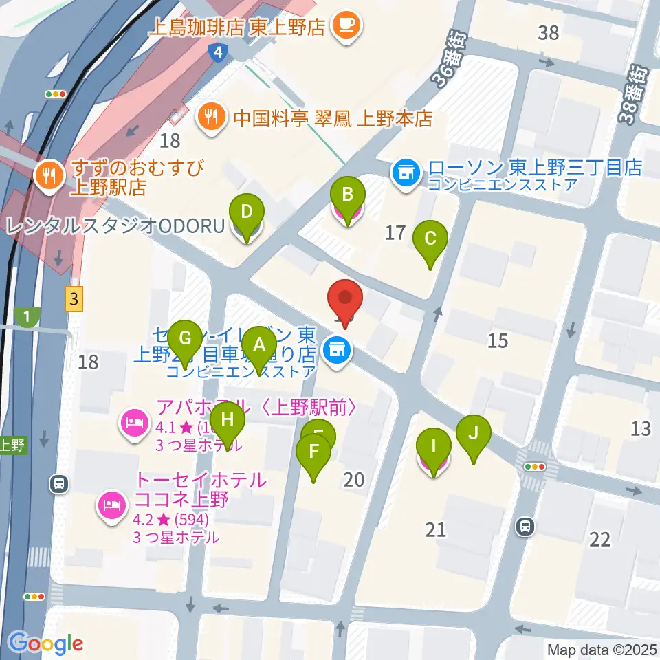 上野音横丁周辺のホテル一覧地図