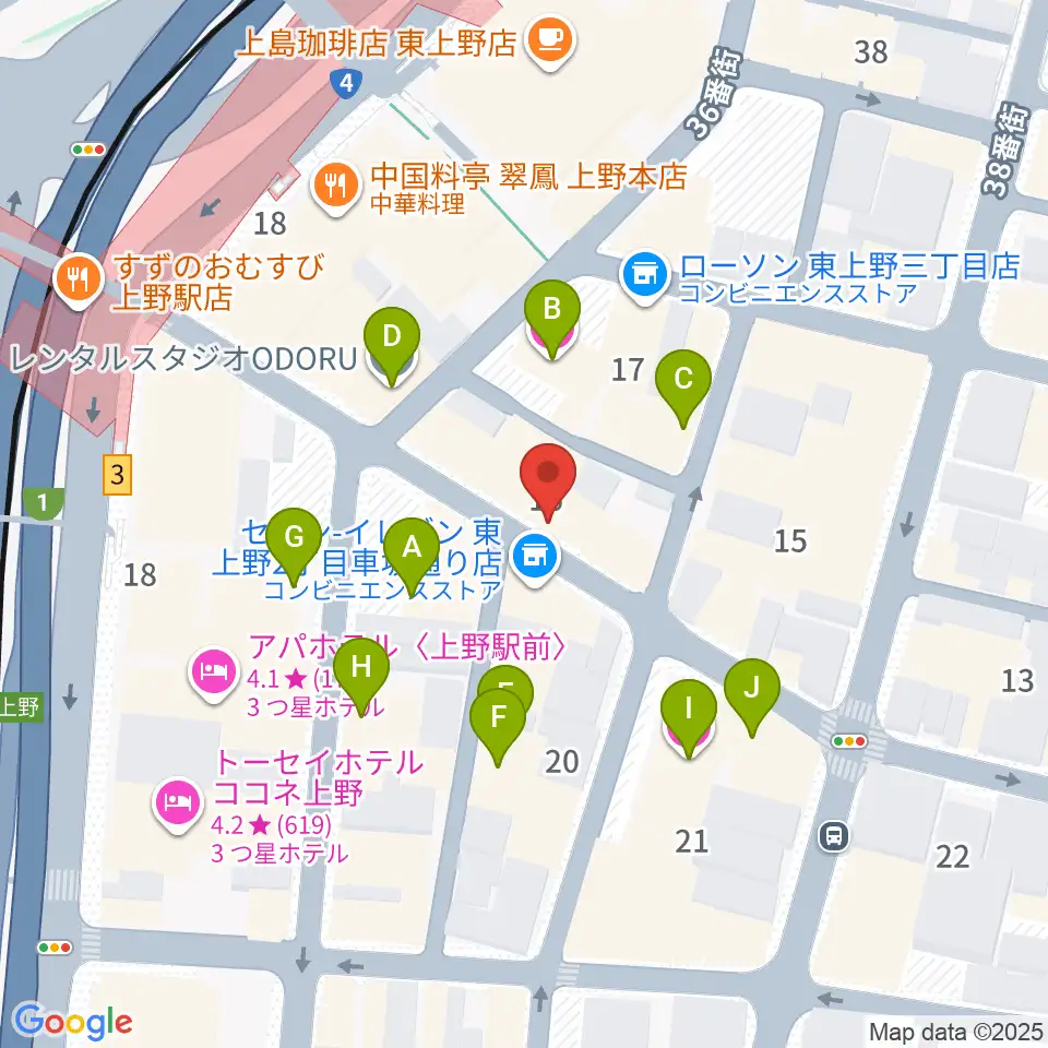 上野音横丁周辺のホテル一覧地図