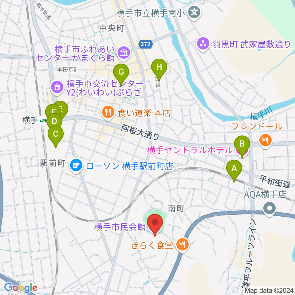 横手市民会館周辺のホテル一覧地図