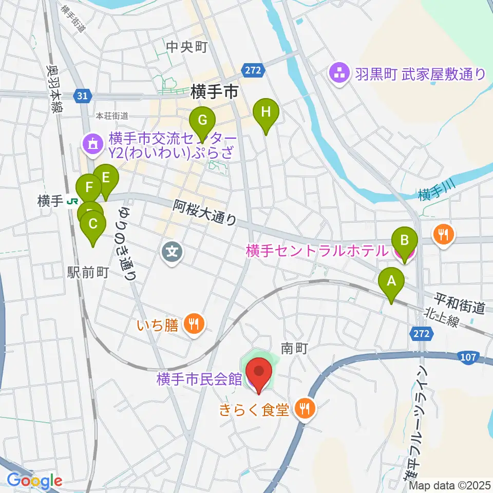 横手市民会館周辺のホテル一覧地図