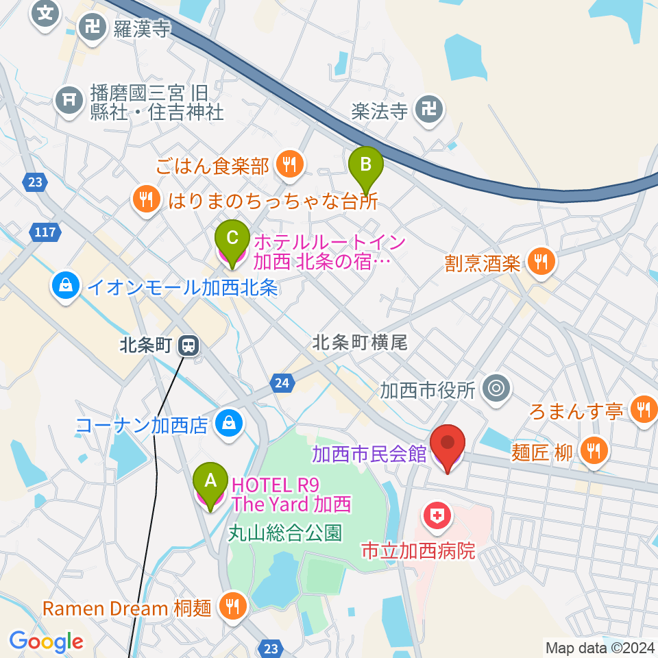 加西市民会館周辺のホテル一覧地図