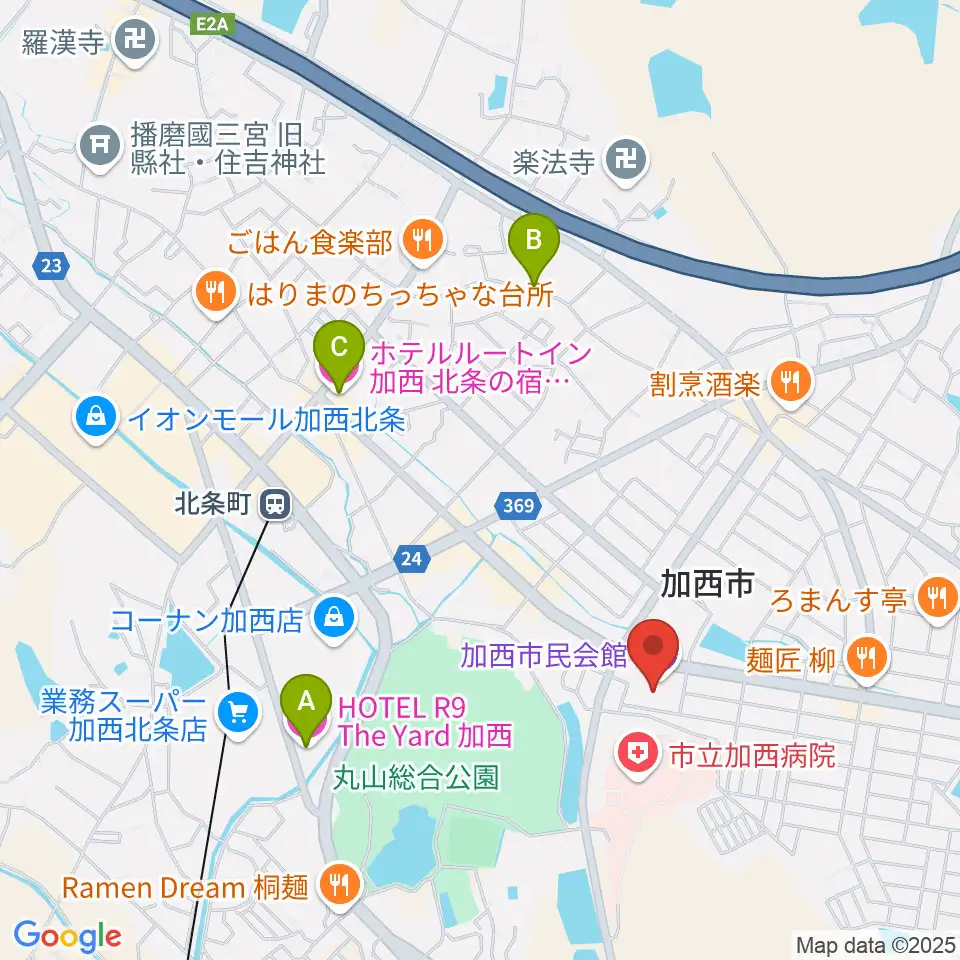 加西市民会館周辺のホテル一覧地図