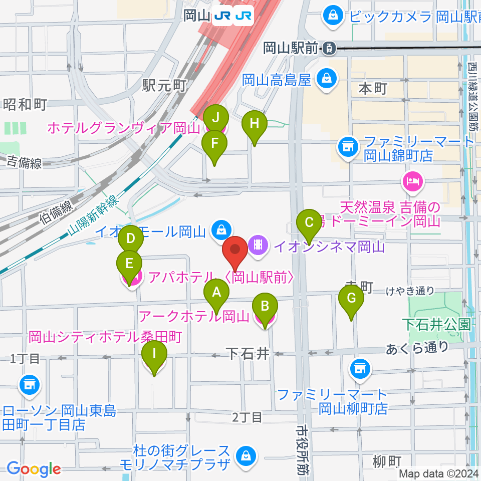 おかやま未来ホール周辺のホテル一覧地図