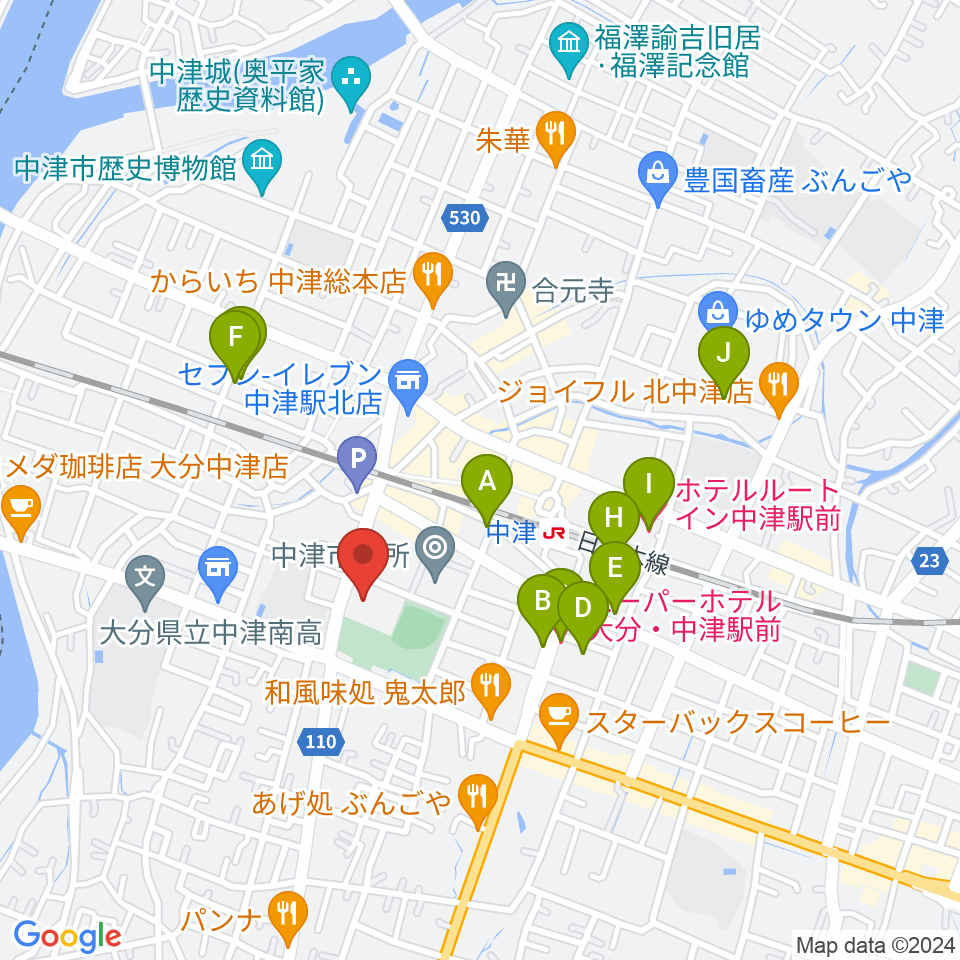 中津文化会館周辺のホテル一覧地図