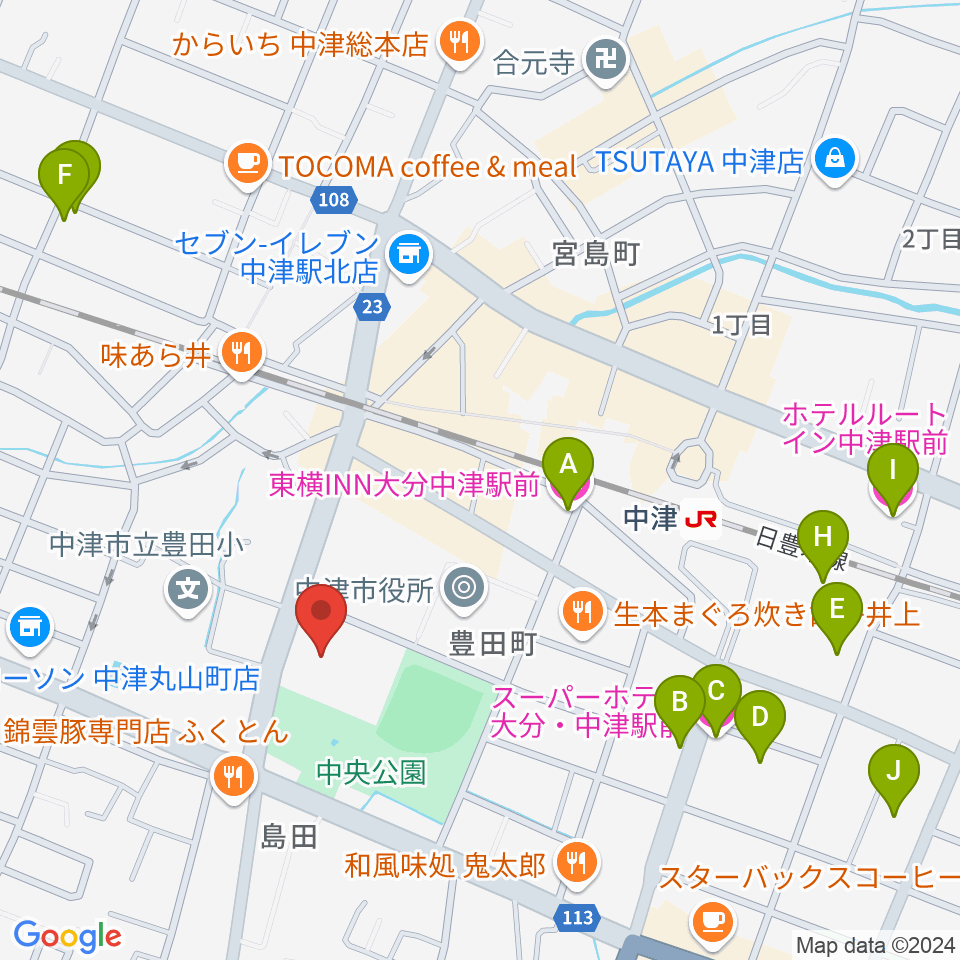 中津文化会館周辺のホテル一覧地図