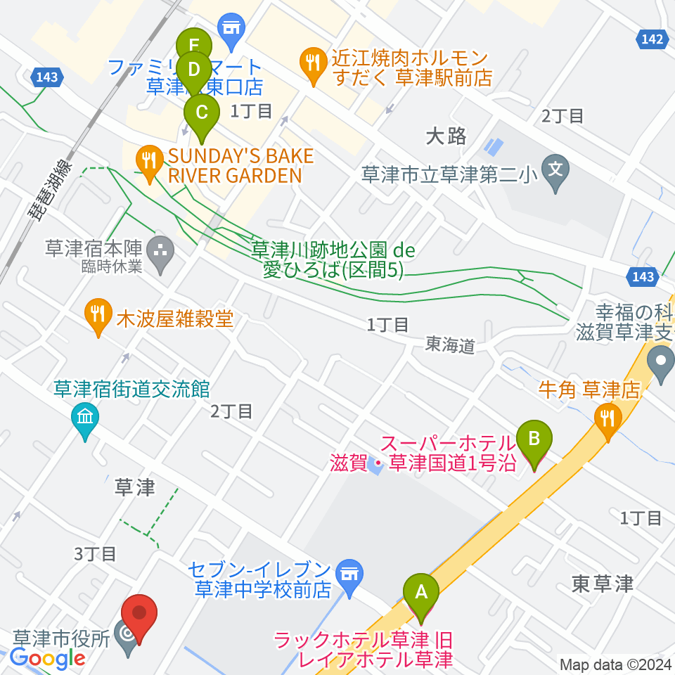 草津アミカホール周辺のホテル一覧地図