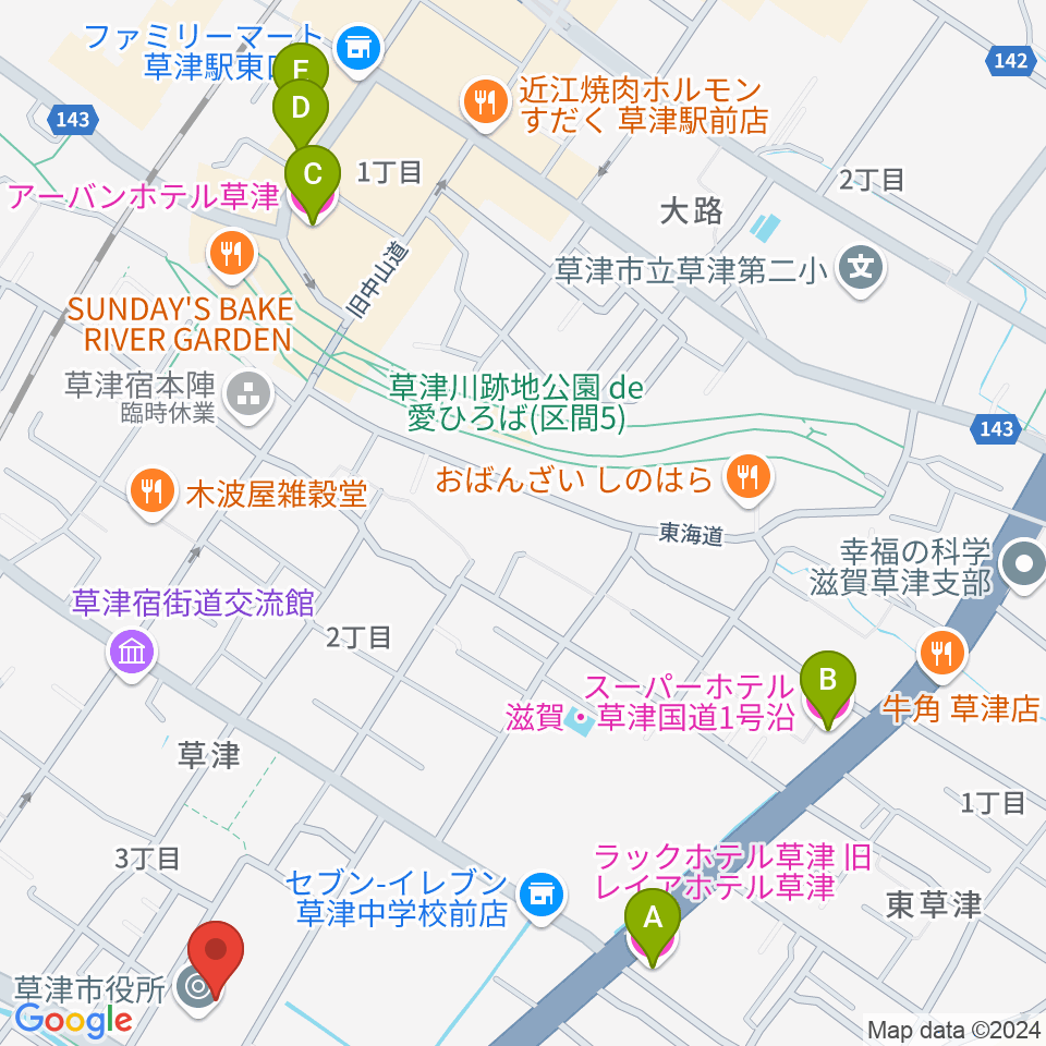 草津アミカホール周辺のホテル一覧地図