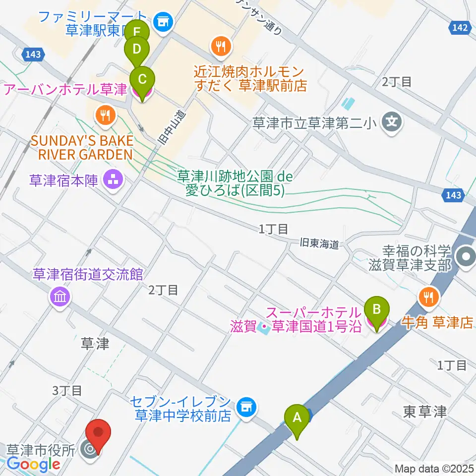 草津アミカホール周辺のホテル一覧地図