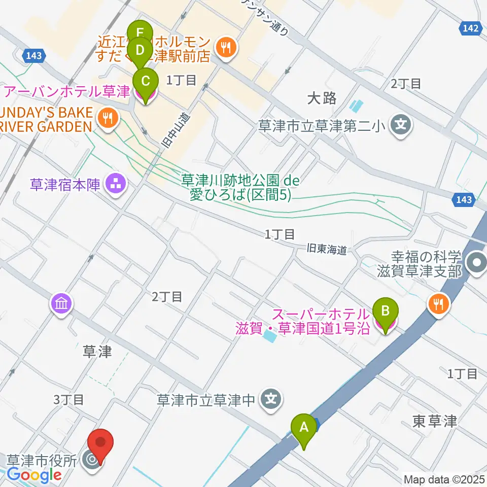 草津アミカホール周辺のホテル一覧地図