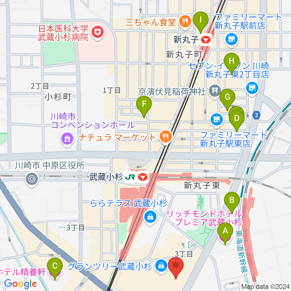 山野楽器 武蔵小杉店周辺のホテル一覧地図