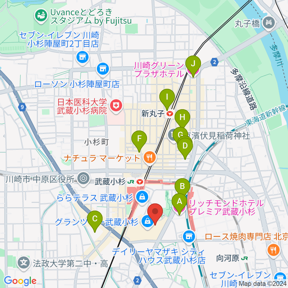 タワーレコード グランツリー武蔵小杉店周辺のホテル一覧地図