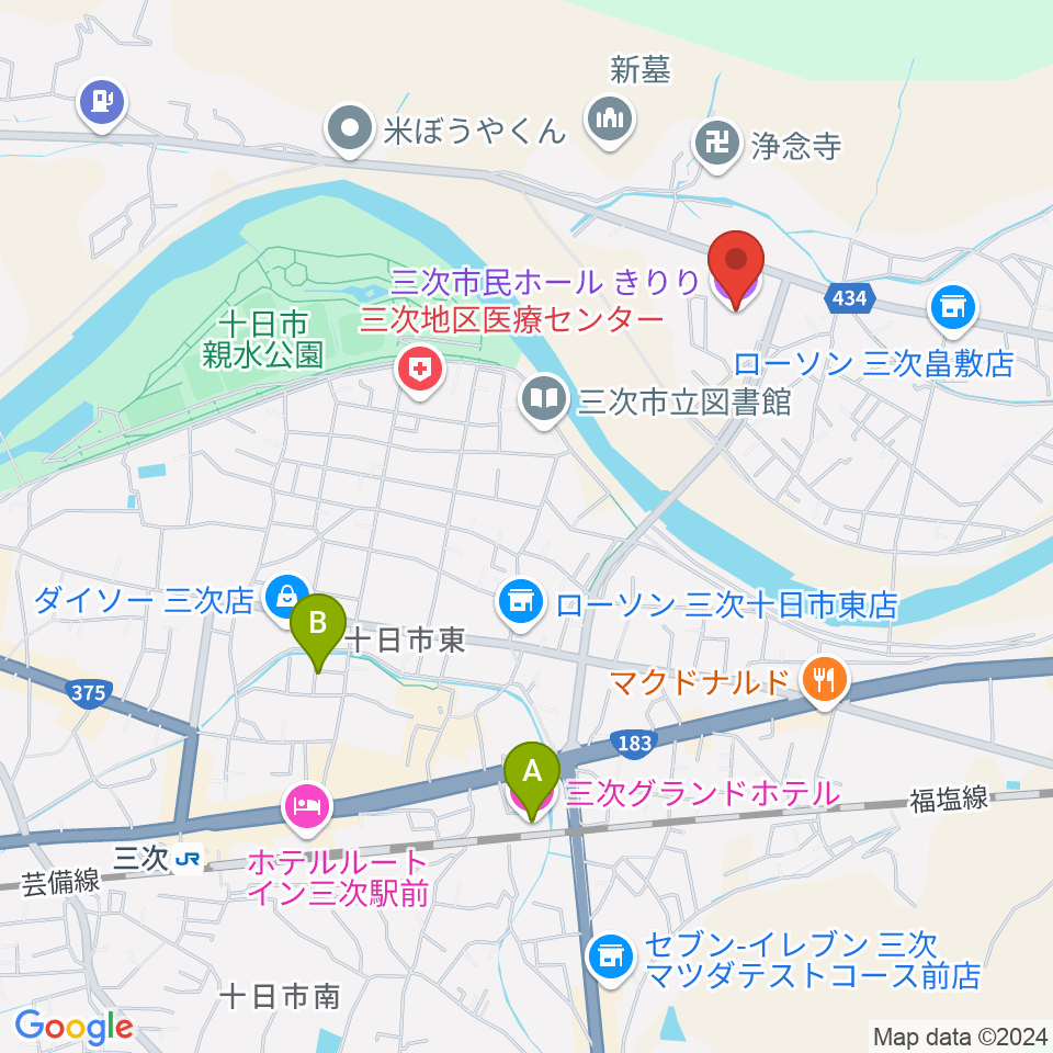 三次市民ホールきりり周辺のホテル一覧地図