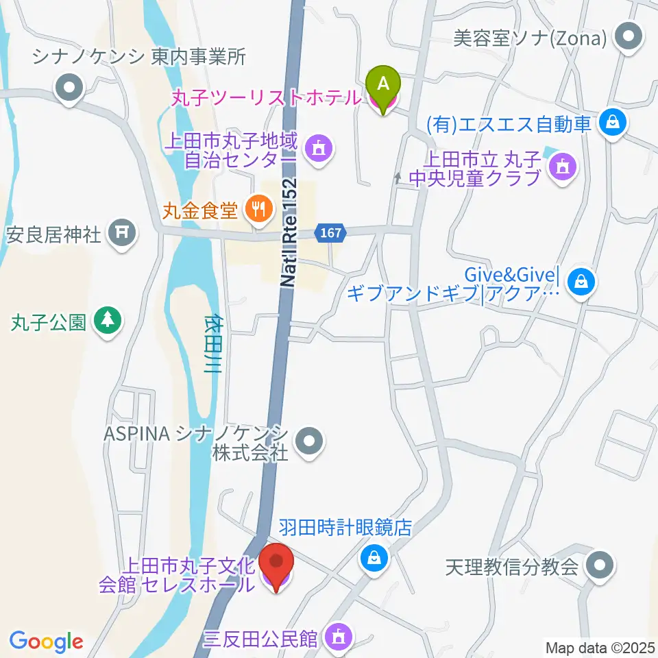 上田市丸子文化会館セレスホール周辺のホテル一覧地図