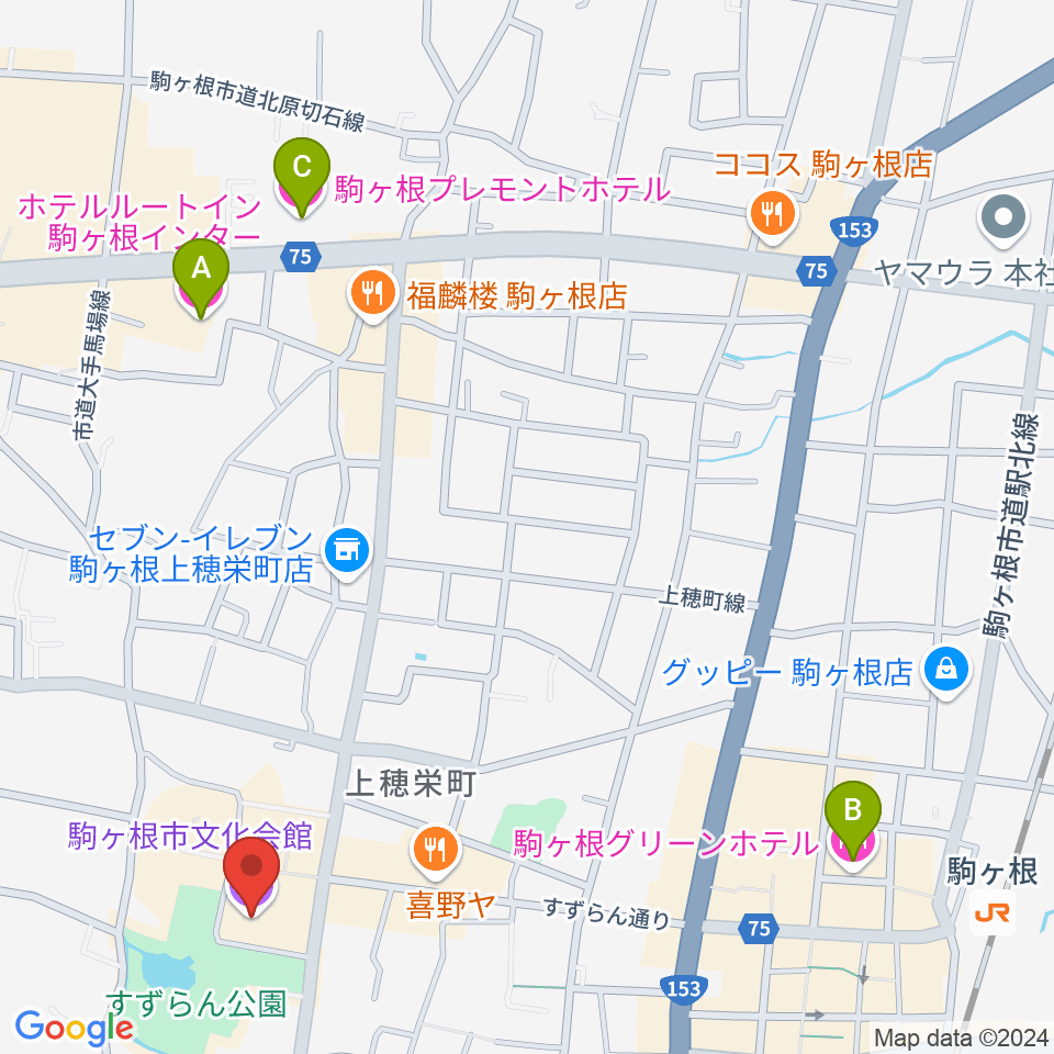 駒ヶ根市文化会館周辺のホテル一覧地図