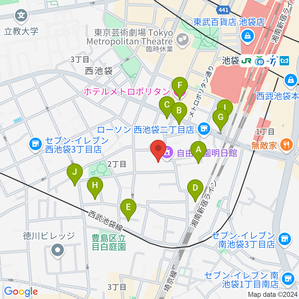 自由学園明日館周辺のホテル一覧地図