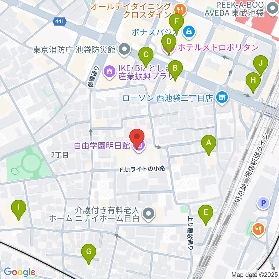 自由学園明日館周辺のホテル一覧地図