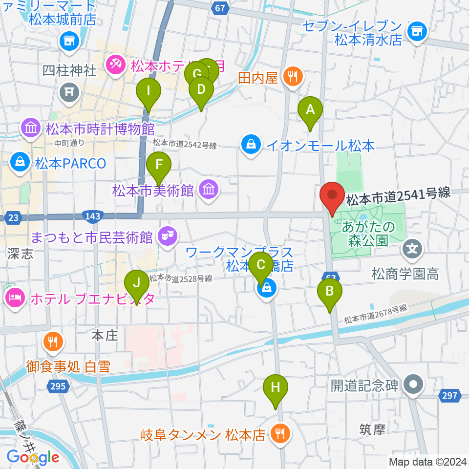 あがたの森文化会館周辺のホテル一覧地図