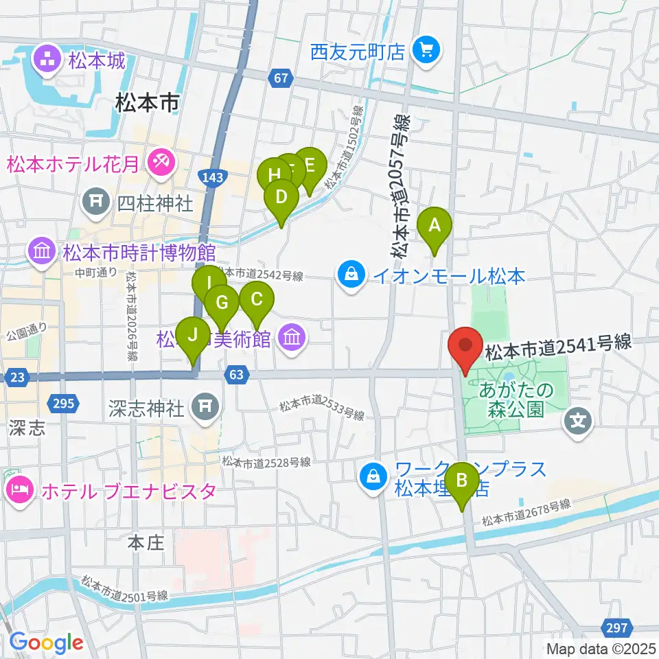 あがたの森文化会館周辺のホテル一覧地図