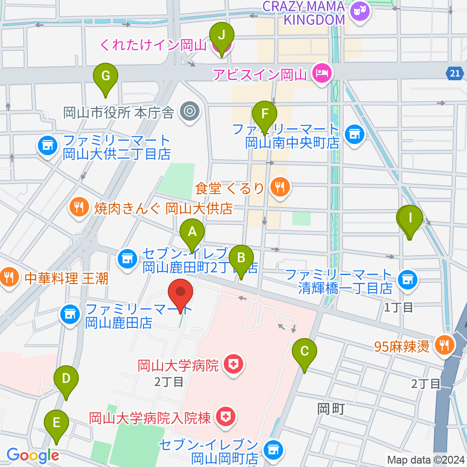 岡山大学 Jホール周辺のホテル一覧地図