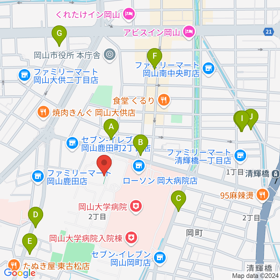 岡山大学 Jホール周辺のホテル一覧地図