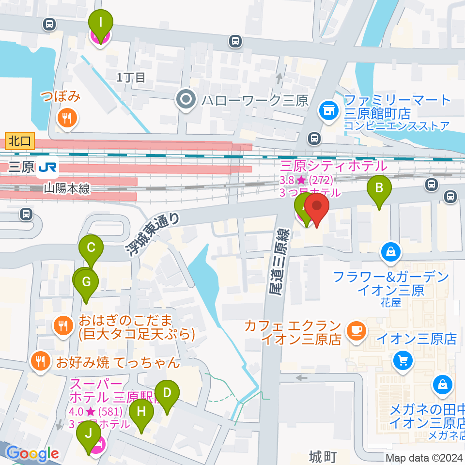 ワタナベミュージックラボ 三原本店周辺のホテル一覧地図