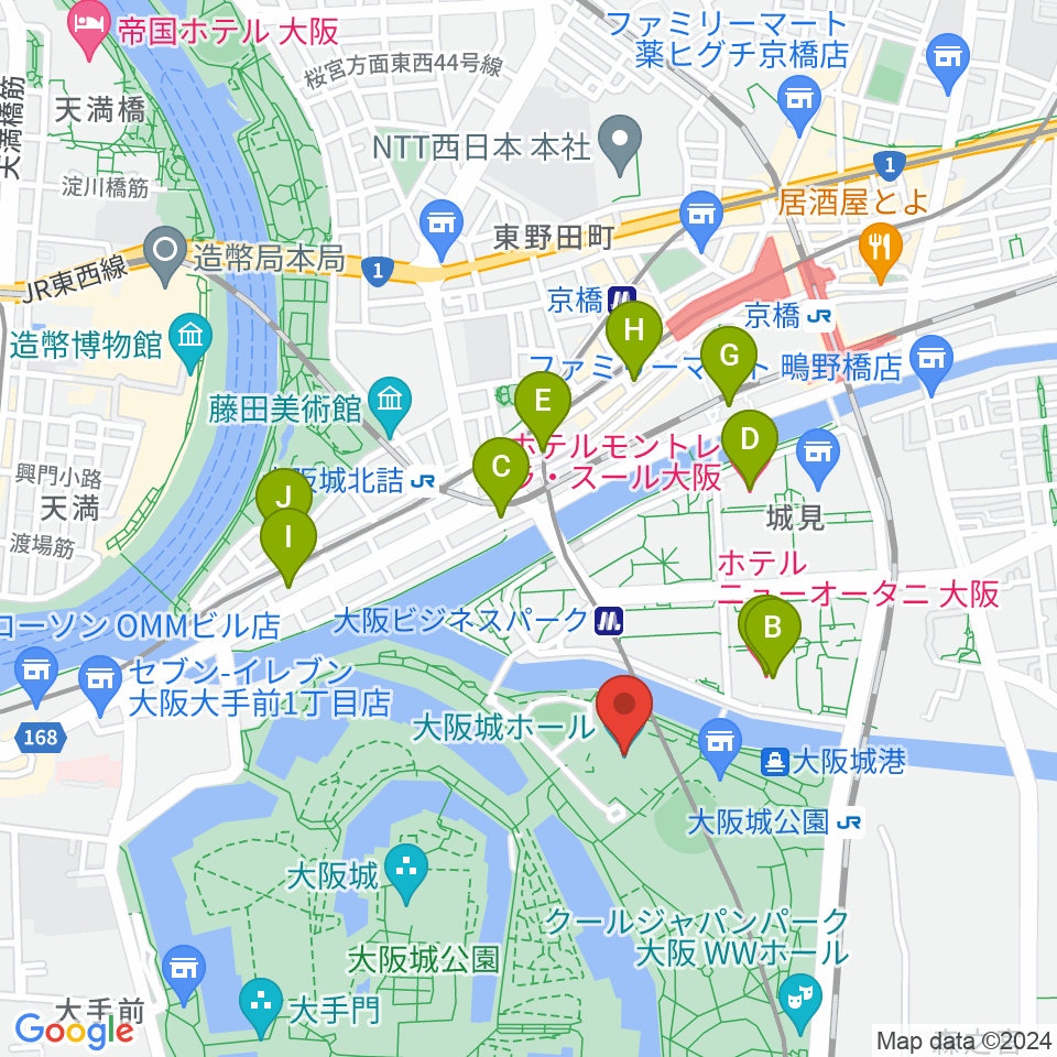 大阪城ホール周辺のホテル一覧地図
