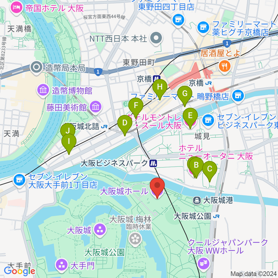 大阪城ホール周辺のホテル一覧地図