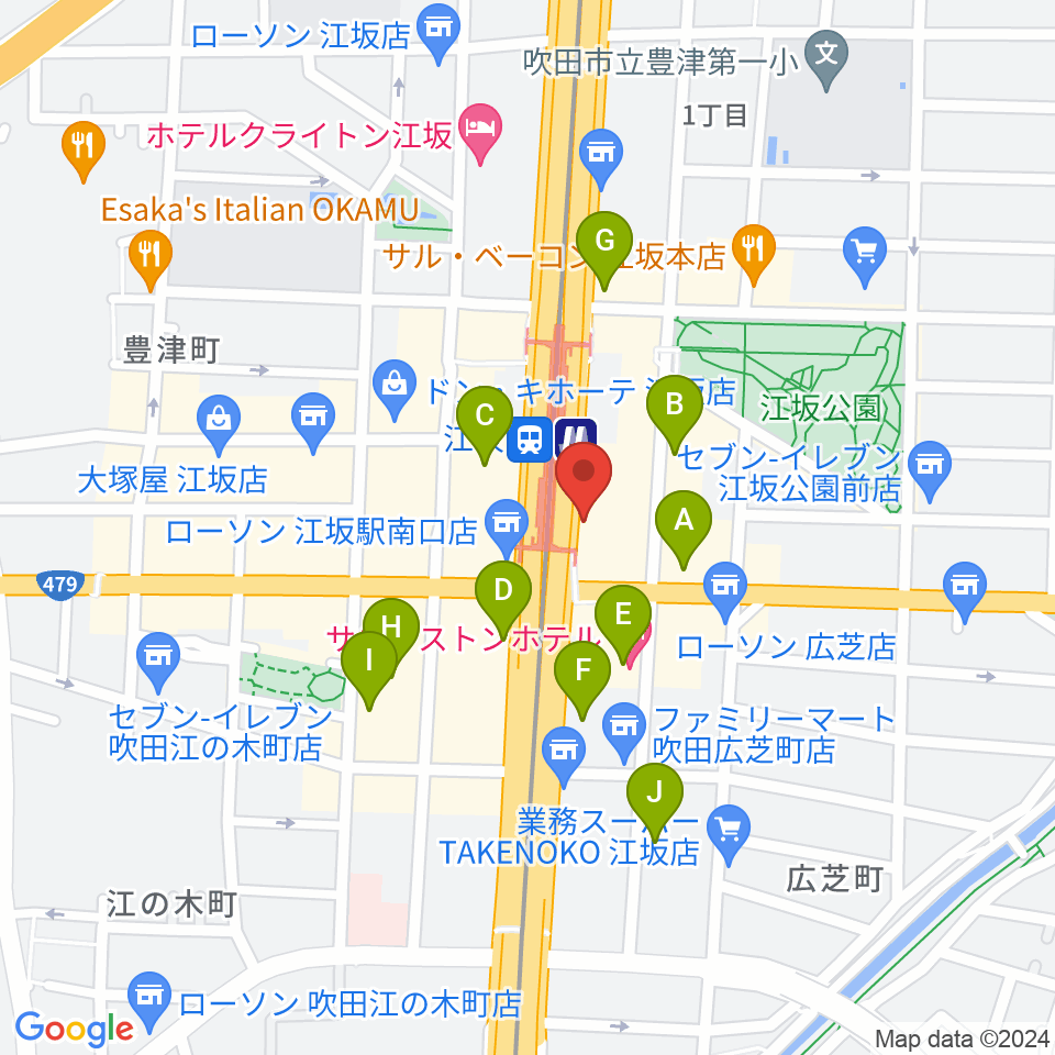 ドルフィンギターズ大阪江坂店周辺のホテル一覧地図