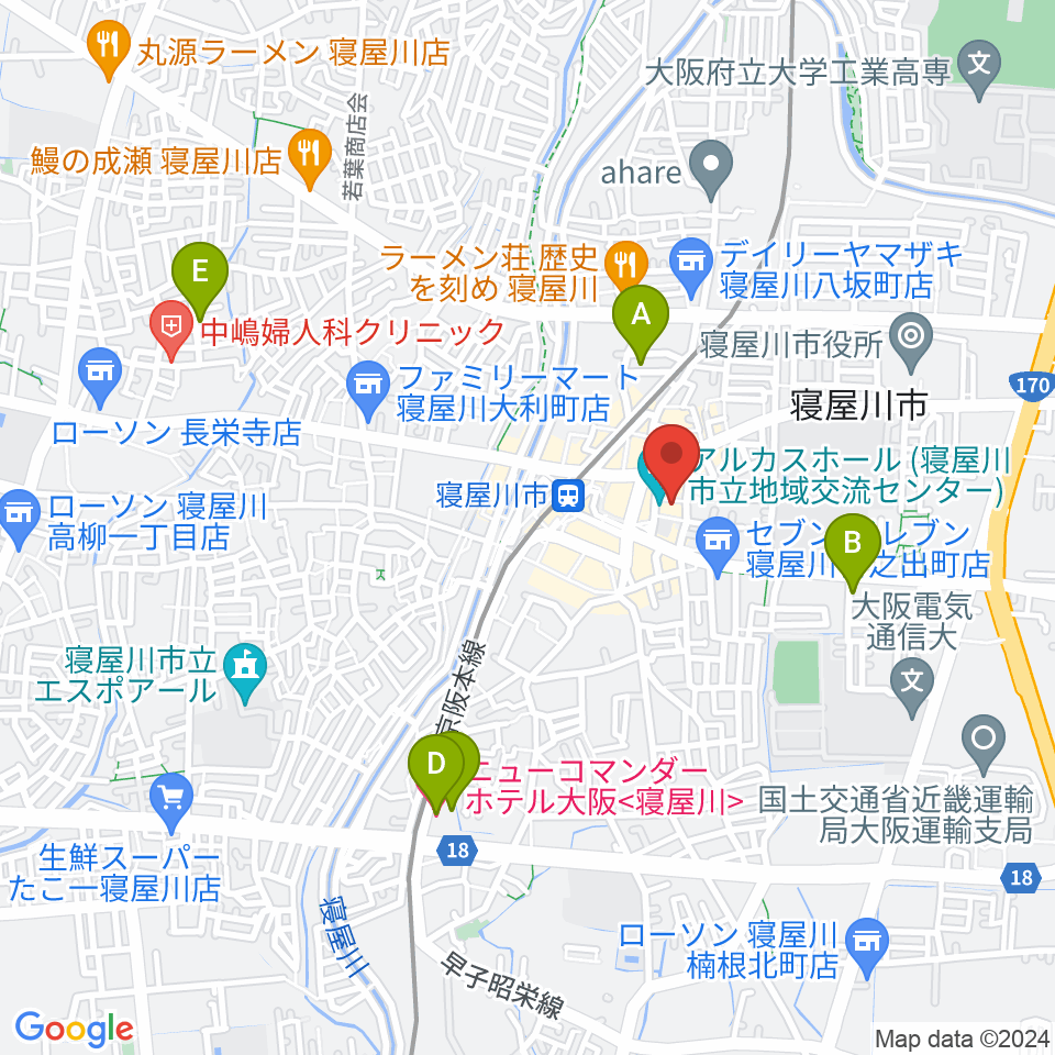 寝屋川アルカスホール周辺のホテル一覧地図