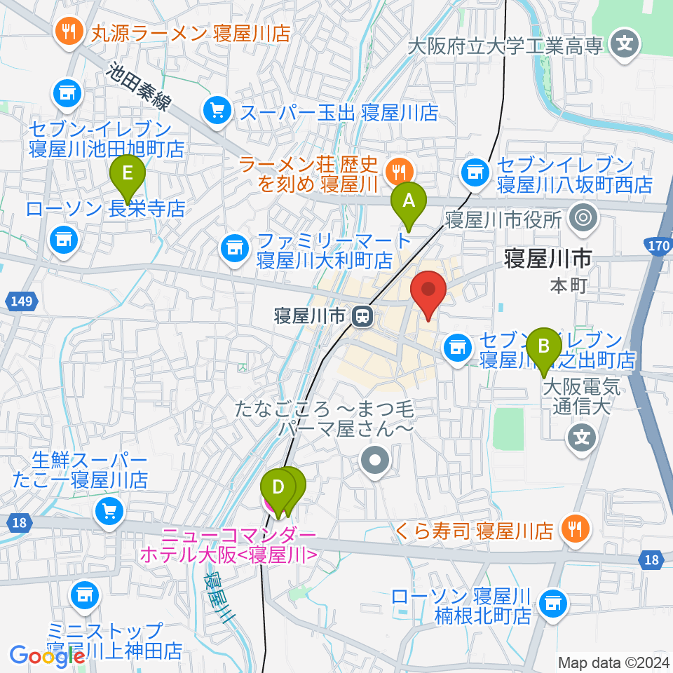 寝屋川アルカスホール周辺のホテル一覧地図