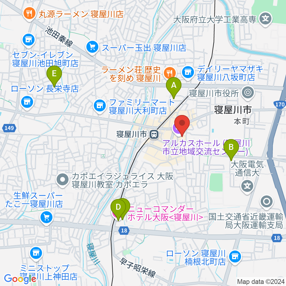 寝屋川アルカスホール周辺のホテル一覧地図