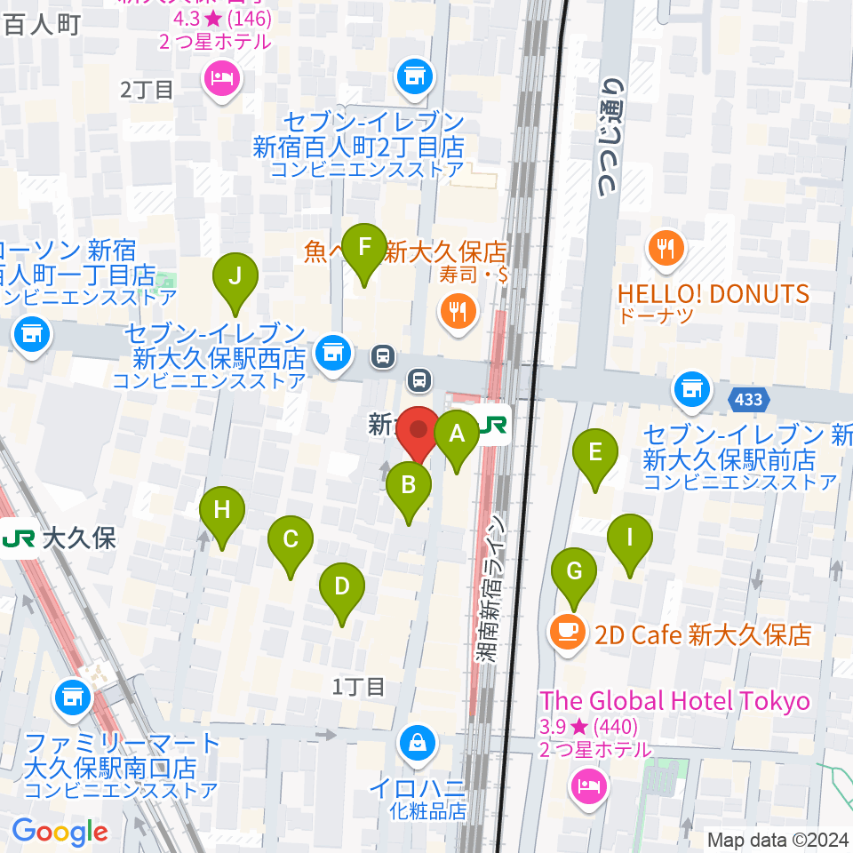 大久保管楽器店周辺のホテル一覧地図