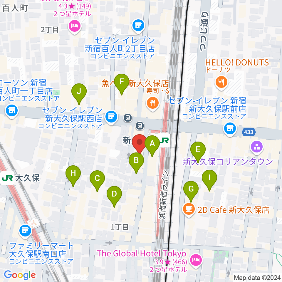 大久保管楽器店周辺のホテル一覧地図