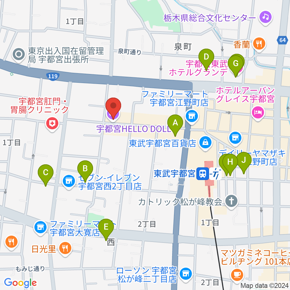 宇都宮HELLO DOLLY周辺のホテル一覧地図