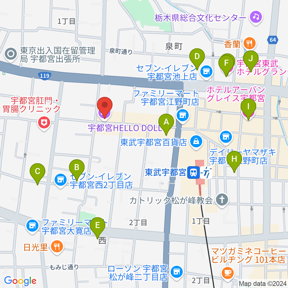 宇都宮HELLO DOLLY周辺のホテル一覧地図