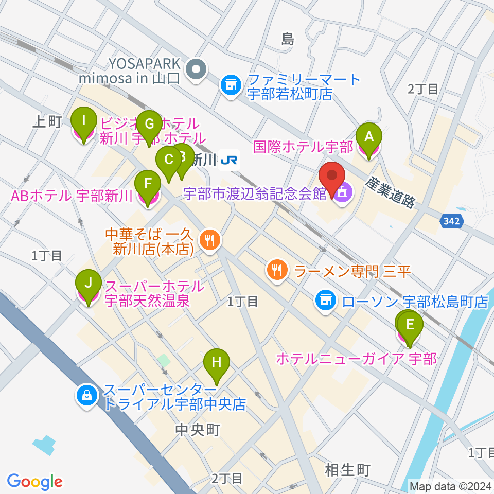 宇部市渡辺翁記念会館周辺のホテル一覧地図