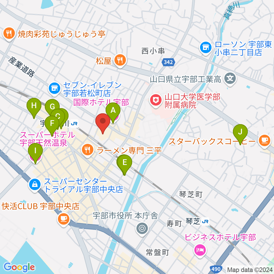 宇部市渡辺翁記念会館周辺のホテル一覧地図