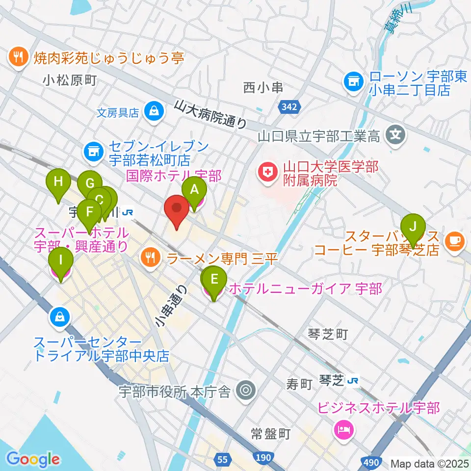 宇部市渡辺翁記念会館周辺のホテル一覧地図